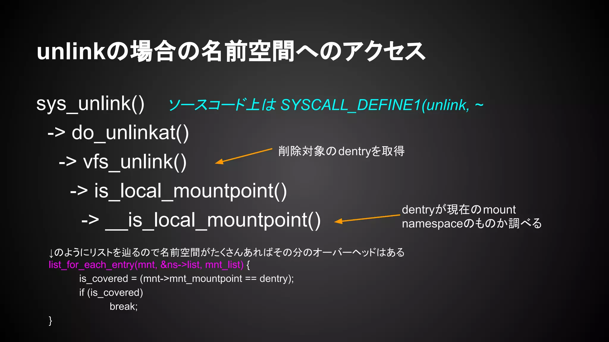 unlinkの場合の名前空間へのアクセス
sys_unlink() ソースコード上は SYSCALL_DEFINE1(unlink, ~
-> do_unlinkat()
-> vfs_unlink()
-> is_local_mountpoint()
-> __is_local_mountpoint()
削除対象のdentryを取得
dentryが現在のmount
namespaceのものか調べる
↓のようにリストを辿るので名前空間がたくさんあればその分のオーバーヘッドはある
list_for_each_entry(mnt, &ns->list, mnt_list) {
is_covered = (mnt->mnt_mountpoint == dentry);
if (is_covered)
break;
}
 