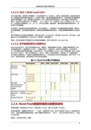 编写驱动之前要了解的知识

1.2.3.2. MLC（Multi Level Cell）
与SLC相对应的，就是单个存储单元，可以存储多个位，比如2位，4位等。其实现机制，说起来比较简
单，就是通过控制内部电荷的多少，分成多个阈值，通过控制里面的电荷多少，而达到我们所需要的存
储成不同的数据。比如，假设输入电压是Vin＝4V（实际没有这样的电压，此处只是为了举例方便），
那么，可以设计出2的2次方＝4个阈值， 1/4 的Vin＝1V，2/4的Vin＝2V，3/4的Vin＝3V，Vin＝
4V，分别表示2位数据00，01，10，11，对于写入数据，就是充电，通过控制内部的电荷的多少，对
应表示不同的数据。
对于读取，则是通过对应的内部的电流（与Vth成反比），然后通过一系列解码电路完成读取，解析出
所存储的数据。这些具体的物理实现，都是有足够精确的设备和技术，才能实现精确的数据写入和读出
的。
单个存储单元可以存储2位数据的，称作2的2次方＝4 Level Cell，而不是2 Level Cell，关于这点，之前
看Nand flash的数据手册（datasheet）的时候，差点搞晕了。
同理，对于新出的单个存储单元可以存储4位数据的，称作 2的4次方＝16 Level Cell。

1.2.3.3. 关于如何识别SLC还是MLC
Nand Flash设计中，有个命令叫做Read ID，读取ID，意思是读取芯片的ID，就像大家的身份证一样，
这里读取的ID中，是读取好几个字节，一般最少是4个，新的芯片，支持5个甚至更多，从这些字节
中，可以解析出很多相关的信息，比如此Nand Flash内部是几个芯片（chip）所组成的，每个chip包
含了几片（Plane），每一片中的页大小，块大小，等等。在这些信息中，其中有一个，就是识别此
flash是SLC还是MLC。下面这个就是最常见的Nand Flash的datasheet中所规定的，第3个字节，3rd
byte，所表示的信息，其中就有SLC/MLC的识别信息：

表 1.2. Nand Flash第3个ID的含义
Description

I/O7 I/O6 I/O5 I/O4

Chip 1
2
4
8
Cell Type
2 Level Cell
4 Level Cell
4 Level Cell
8 Level Cell
Number
of 1
Simultaneously
2
Programmed
4
Pages
8
Interleave Program Not Support
Between multiple Support
chips

I/O3 I/O2

Internal
Number

Cache Program

Not Support
Support

I/O1 I/O0
0
0
1
1

0
0
1
1
0
0
1
1

0
1
0
1

0
1
0
1

0
1
0
1

0
1
0
1

1.2.4. Nand Flash数据存储单元的整体架构
简单说就是，常见的Nand Flash，内部只有一个chip，每个chip只有一个plane。
而有些复杂的，容量更大的Nand
Flash，内部有多个chip，每个chip有多个plane。这类的Nand
Flash，往往也有更加高级的功能，比如下面要介绍的Multi Plane Program和Interleave Page
Program等。
概念上，由大到小来说，就是：
8

 
