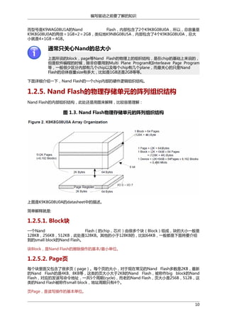 编写驱动之前要了解的知识
而型号是K9WAG08U1A的Nand
Flash，内部包含了2个K9K8G08U0A，所以，总容量是
K9K8G08U0A的两倍＝1GB×2＝2GB，类似地K9NBG08U5A，内部包含了4个K9K8G08U0A，总大
小就是4×1GB＝4GB。

通常只关心Nand的总大小
上面所说的block，page等Nand Flash的物理上的组织结构，是在chip的基础上来说的，
但是软件编程的时候，除非你要用到Multi Plane Program和Interleave Page Program
等，一般很少区分内部有几个chip以及每个chip有几个plane，而最关心的只是Nand
Flash的总体容量size有多大，比如是1GB还是2GB等等。
下面详细介绍一下，Nand Flash的一个chip内部的硬件逻辑组织结构。

1.2.5. Nand Flash的物理存储单元的阵列组织结构
Nand Flash的内部组织结构，此处还是用图来解释，比较容易理解：

图 1.3. Nand Flash物理存储单元的阵列组织结构

上图是K9K8G08U0A的datasheet中的描述。
简单解释就是:

1.2.5.1. Block块
一个Nand
Flash（的chip，芯片）由很多个块（Block）组成，块的大小一般是
128KB，256KB，512KB，此处是128KB。其他的小于128KB的，比如64KB，一般都是下面将要介绍
到的small block的Nand Flash。
块Block，是Nand Flash的擦除操作的基本/最小单位。

1.2.5.2. Page页
每个块里面又包含了很多页（page）。每个页的大小，对于现在常见的Nand Flash多数是2KB，最新
的Nand Flash的是4KB、8KB等，这类的页大小大于2KB的Nand Flash，被称作big block的Nand
Flash，对应的发读写命令地址，一共5个周期(cycle)，而老的Nand Flash，页大小是256B，512B，这
类的Nand Flash被称作small block，地址周期只有4个。
页Page，是读写操作的基本单位。
10

 