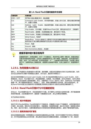 编写驱动之前要了解的知识

表 1.4. Nand Flash引脚功能的中文说明
引脚名称

引脚功能

I/O0 ~ I/O7

用于输入地址/数据/命令，输出数据

CLE

Command Latch Enable，命令锁存使能，在输入命令之前，要先在模式寄存器
中，设置CLE使能

ALE

Address Latch Enable，地址锁存使能，在输入地址之前，要先在模式寄存器
中，设置ALE使能

CE#

Chip Enable，芯片使能，在操作Nand Flash之前，要先选中此芯片，才能操作

RE#

Read Enable，读使能，在读取数据之前，要先使CE＃有效。

WE#

Write Enable，写使能, 在写取数据之前，要先使WE＃有效

WP#

Write Protect，写保护

R/B#

Ready/Busy Output,就绪/忙,主要用于在发送完编程/擦除命令后,检测这些操作
是否完成,忙,表示编程/擦除操作仍在进行中,就绪表示操作完成

Vcc

Power，电源

Vss

Ground，接地

N.C

Non-Connection,未定义，未连接

数据手册中的#表示低电平
在数据手册中，你常会看到，对于一个引脚定义，有些字母上面带一横杠的，那是说明此
引脚/信号是低电平有效，比如你上面看到的RE头上有个横线，就是说明，此RE是低电平
有效，此外，为了书写方便，在字母后面加“＃”，也是表示低电平有效，比如我上面写
的CE＃；如果字母头上啥都没有，就是默认的高电平有效，比如上面的CLE，就是高电平
有效。

1.2.9.1. 为何需要ALE和CLE
硬件上，有了电源的Vcc和接地的Vss等引脚，很好理解，但是为何还要有ALE和CLE这样的引脚，为何
设计这么多的命令,把整个系统搞这么复杂，关于这点，最后终于想明白了：
设计命令锁存使能(Command Latch Enable, CLE) 和 地址锁存使能(Address Latch Enable，ALE)，
那是因为，Nand Flash就8个I/O，而且是复用的，也就是，可以传数据，也可以传地址，也可以传命
令，为了区分你当前传入的到底是啥，所以，先要用发一个CLE（或ALE）命令，告诉Nand Flash的控
制器一声，我下面要传的是命令（或地址），这样，里面才能根据传入的内容，进行对应的动作。否
则,Nand Flash内部,怎么知道你传入的是数据,还是地址,还是命令,也就无法实现正确的操作了。

1.2.9.2. Nand Flash只有8个I/O引脚的好处
在Nand Flash的硬件设计中，你会发现很多个引脚。关于硬件上为何设计这样的引脚，而不是直接像
其他存储设备，比如普通的RAM，直接是一对数据线引出来，多么方便和好理解啊。
关于这样设计的好处：

1.2.9.2.1. 减少外围连线
相对于并口(Parellel)的Nor Flash的48或52个引脚来说，的确是大大减小了引脚数目，这样封装后的芯
片体积，就小很多。现在芯片在向体积更小，功能更强，功耗更低发展，减小芯片体积，就是很大的优
势。同时，减少芯片接口，也意味着使用此芯片的相关的外围电路会更简化，避免了繁琐的硬件连线。

1.2.9.2.2. 提高系统的可扩展性
因为没有像其他设备一样用物理大小对应的完全数目的addr引脚，在芯片内部换了芯片的大小等的改
动，对于用全部的地址addr的引脚，那么就会引起这些引脚数目的增加，比如容量扩大一倍，地址空
14

 