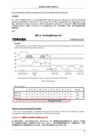 编写驱动之前要了解的知识
http://datasheet.elcodis.com/pdf/11/23/112371/th58ns512dc-to51y.pdf
中有提到：
P1:“The TH58NS512DC is a SmartMediaTM with ID and each device has 128 bit unique ID
number embedded in the device. This unique ID number is applicable to image files, music
files, electronic books, and so on where copyright protection is required.”即每个Toshiba的
TH58NS512DC中，都有一个128 bit=16 byte的Unique ID，可用于图片，音乐，电子书等应用中的
版权保护。
P24:

图 1.9. Toshiba的Unique ID

1.2.16.1.2.2. 读取Toshiba的Nand的Unique ID
从上面可以看出，Toshiba的Nand中，关于Unique ID，是需要先通过普通的0x90，即Read ID的命
令，去读取Nand的ID，找到第三个字节（3rd byte），然后判断其是否是0xA5，如果是0xA5，然后
才能确定此Nand里面是有Unique ID的，然后才有去读取Unique ID这一说。
26

 