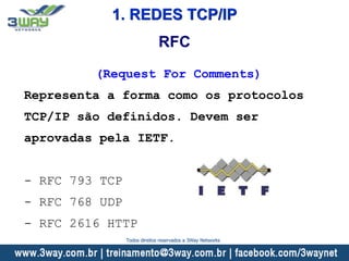(Request For Comments)
Representa a forma como os protocolos
TCP/IP são definidos. Devem ser
aprovadas pela IETF.
- RFC 793 TCP
- RFC 768 UDP
- RFC 2616 HTTP
RFC
1. REDES TCP/IP
Todos direitos reservados a 3Way Networks
 