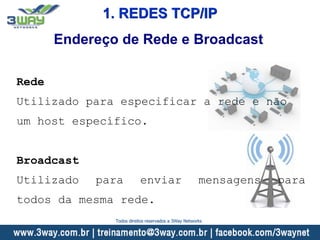 Endereço de Rede e Broadcast
Rede
Utilizado para especificar a rede e não
um host específico.
Broadcast
Utilizado para enviar mensagens para
todos da mesma rede.
1. REDES TCP/IP
Todos direitos reservados a 3Way Networks
 