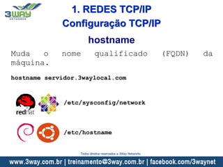 Configuração TCP/IP
Muda o nome qualificado (FQDN) da
máquina.
hostname servidor.3waylocal.com
hostname
/etc/sysconfig/network
/etc/hostname
1. REDES TCP/IP
Todos direitos reservados a 3Way Networks
 