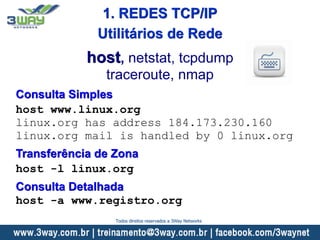 host, netstat, tcpdump
traceroute, nmap
Consulta Simples
host www.linux.org
linux.org has address 184.173.230.160
linux.org mail is handled by 0 linux.org
Transferência de Zona
host -l linux.org
Consulta Detalhada
host -a www.registro.org
Utilitários de Rede
1. REDES TCP/IP
Todos direitos reservados a 3Way Networks
 