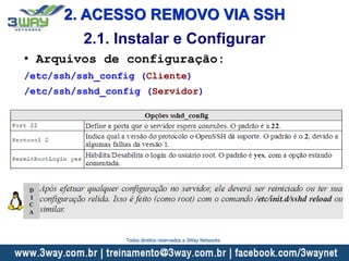 2. ACESSO REMOVO VIA SSH
2.1. Instalar e Configurar
• Arquivos de configuração:
/etc/ssh/ssh_config (Cliente)
/etc/ssh/sshd_config (Servidor)
Todos direitos reservados a 3Way Networks
 