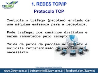 Controla o tráfego (pacotes) enviado de
uma máquina emissora para a receptora.
Pode trafegar por caminhos distintos e
serem remontados pelo receptor.
Cuida da perda de pacotes no trajeto e
solicita retransmissão de pacotes se
necessário.
1. REDES TCP/IP
Protocolo TCP
Todos direitos reservados a 3Way Networks
 