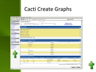 Installazione UBUNTU Aprire un web browser con url destinazione http://servername/cacti/ sudo apt-get install cacti cacti-spine sudo /etc/init.d/apache2 restart 