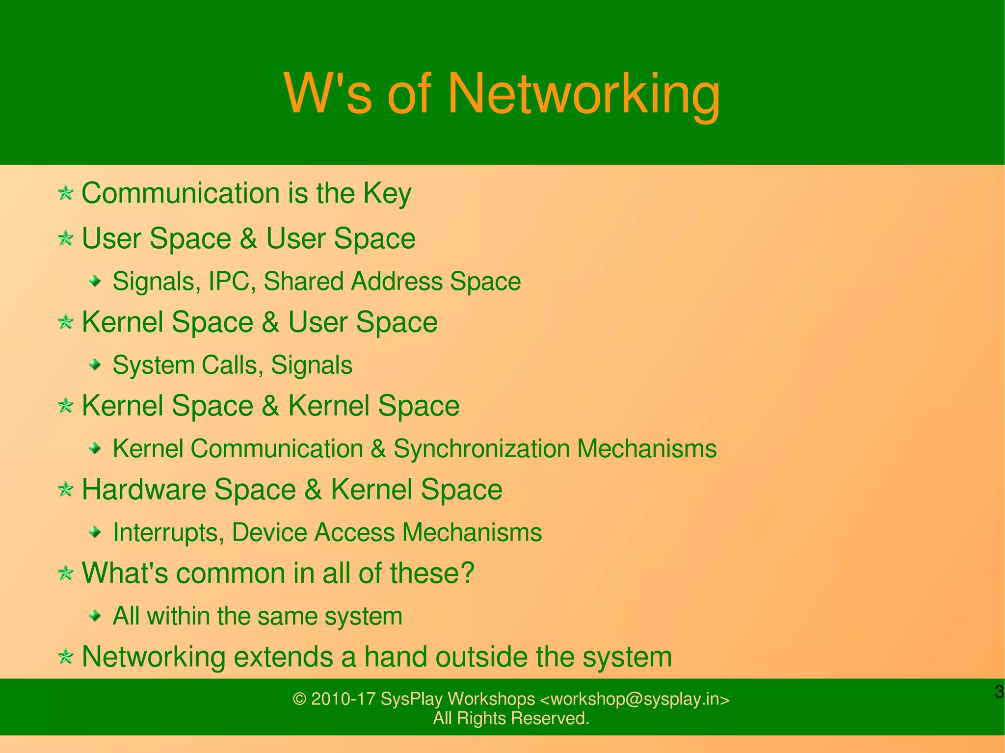 3© 2010-17 SysPlay Workshops <workshop@sysplay.in>
All Rights Reserved.
W's of Networking
Communication is the Key
User Space & User Space
Signals, IPC, Shared Address Space
Kernel Space & User Space
System Calls, Signals
Kernel Space & Kernel Space
Kernel Communication & Synchronization Mechanisms
Hardware Space & Kernel Space
Interrupts, Device Access Mechanisms
What's common in all of these?
All within the same system
Networking extends a hand outside the system
 