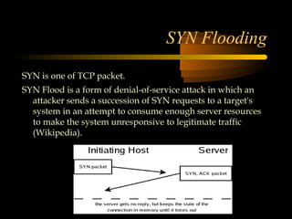 SYN Flooding
SYN is one of TCP packet.
SYN Flood is a form of denial-of-service attack in which an
  attacker sends a succession of SYN requests to a target's
  system in an attempt to consume enough server resources
  to make the system unresponsive to legitimate traffic
  (Wikipedia).
 