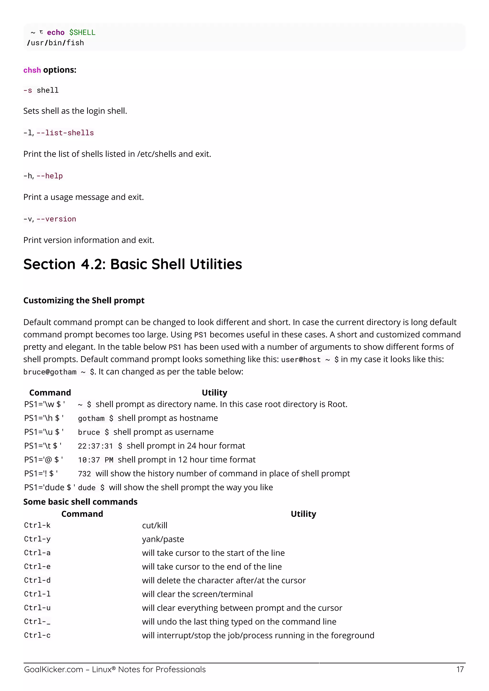 GoalKicker.com – Linux® Notes for Professionals 17
~  echo $SHELL
/usr/bin/fish
chsh options:
-s shell
Sets shell as the login shell.
-l, --list-shells
Print the list of shells listed in /etc/shells and exit.
-h, --help
Print a usage message and exit.
-v, --version
Print version information and exit.
Section 4.2: Basic Shell Utilities
Customizing the Shell prompt
Default command prompt can be changed to look diﬀerent and short. In case the current directory is long default
command prompt becomes too large. Using PS1 becomes useful in these cases. A short and customized command
pretty and elegant. In the table below PS1 has been used with a number of arguments to show diﬀerent forms of
shell prompts. Default command prompt looks something like this: user@host ~ $ in my case it looks like this:
bruce@gotham ~ $. It can changed as per the table below:
Command Utility
PS1='w $ ' ~ $ shell prompt as directory name. In this case root directory is Root.
PS1='h $ ' gotham $ shell prompt as hostname
PS1='u $ ' bruce $ shell prompt as username
PS1='t $ ' 22:37:31 $ shell prompt in 24 hour format
PS1='@ $ ' 10:37 PM shell prompt in 12 hour time format
PS1='! $ ' 732 will show the history number of command in place of shell prompt
PS1='dude $ ' dude $ will show the shell prompt the way you like
Some basic shell commands
Command Utility
Ctrl-k cut/kill
Ctrl-y yank/paste
Ctrl-a will take cursor to the start of the line
Ctrl-e will take cursor to the end of the line
Ctrl-d will delete the character after/at the cursor
Ctrl-l will clear the screen/terminal
Ctrl-u will clear everything between prompt and the cursor
Ctrl-_ will undo the last thing typed on the command line
Ctrl-c will interrupt/stop the job/process running in the foreground
 