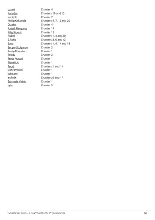 GoalKicker.com – Linux® Notes for Professionals 60
oznek Chapter 4
Paradox Chapters 16 and 20
parkydr Chapter 7
Philip Kirkbride Chapters 4, 7, 12 and 20
Quaker Chapter 4
Rajesh Rengaraj Chapter 14
Riley Guerin Chapter 15
Rubio Chapters 1, 4 and 20
S.Rohit Chapters 3, 6 and 12
Sava Chapters 1, 4, 14 and 18
Sergey Stolyarov Chapter 2
Sudip Bhandari Chapter 1
Teddy Chapter 2
Tejus Prasad Chapter 1
TiansHUo Chapter 1
Todd Chapters 1 and 14
vishram0709 Chapter 1
Whoami Chapter 1
Y4Rv1K Chapters 6 and 17
Zumo de Vidrio Chapter 1
zyio Chapter 5
 