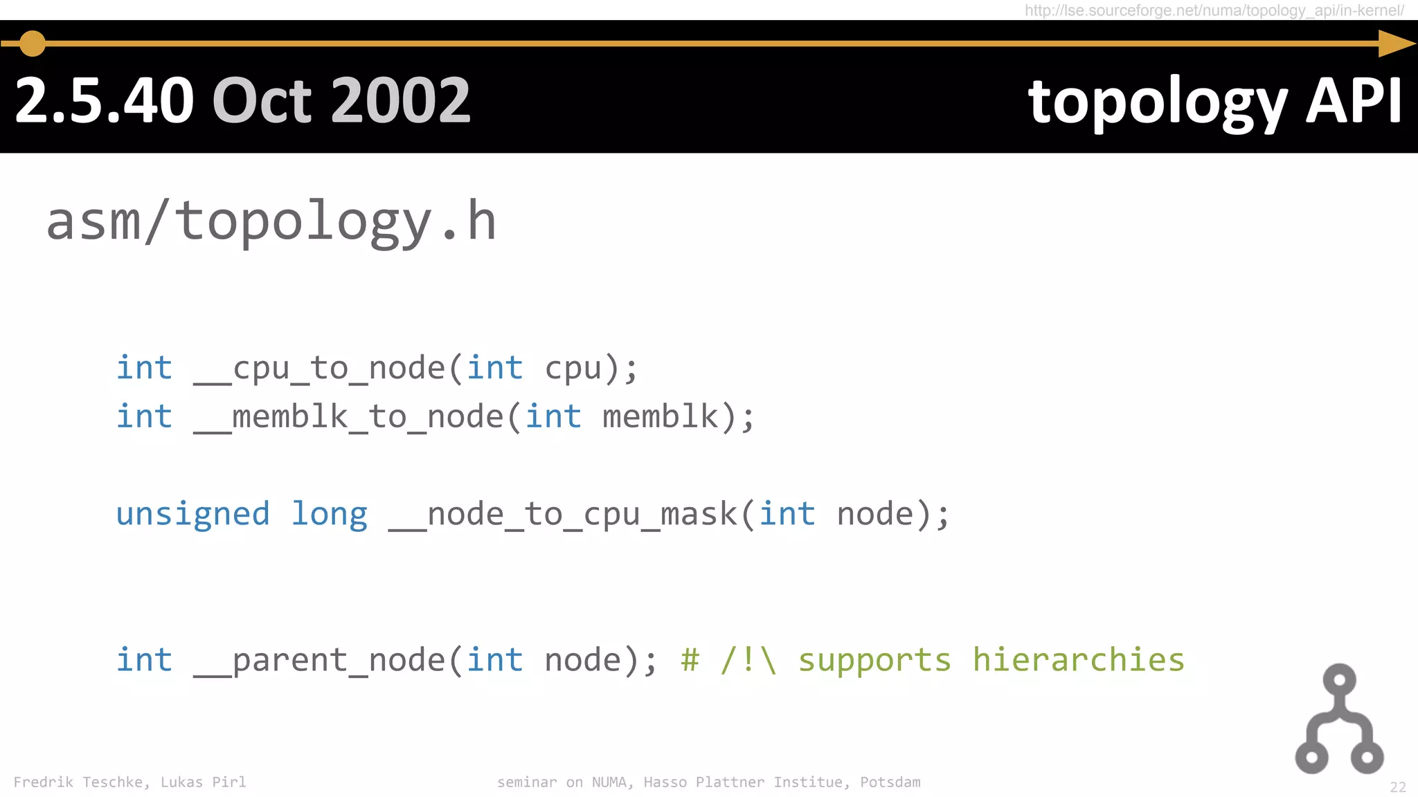 Fredrik Teschke, Lukas Pirl seminar on NUMA, Hasso Plattner Institue, Potsdam
asm/topology.h
int __cpu_to_node(int cpu);
int __memblk_to_node(int memblk);
unsigned long __node_to_cpu_mask(int node);
int __parent_node(int node); # /! supports hierarchies
http://lse.sourceforge.net/numa/topology_api/in-kernel/
22
 