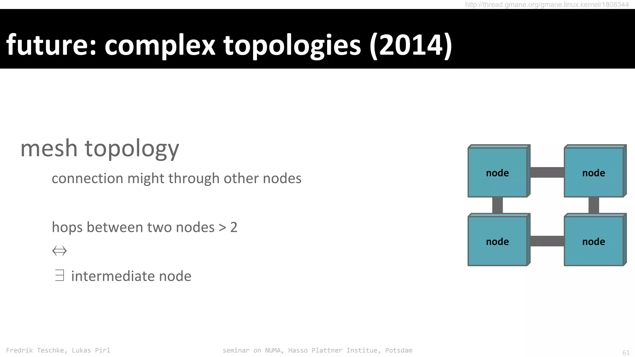 Fredrik Teschke, Lukas Pirl seminar on NUMA, Hasso Plattner Institue, Potsdam
⇔
∃
http://thread.gmane.org/gmane.linux.kernel/1808344
node node
node node
61
 