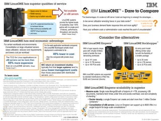 © 2016 IBM Corporation © 2016 IBM Corporation
The disadvantages of a scale-out x86 server model are beginning to outweigh the advantages …
IBM LinuxONE systems are supported
by standard distributions of Red Hat,
SUSE and Canonical (Ubuntu)
• Up to 141 cores
• Up to 10 TB memory
• Up to 160 PCIe slots
• Up to 20 cores
• Up to 4 TB memory
• Up to 32 PCIe slots
• Massive scale: Single node MongoDB with a footprint of +1TB, processing +2B
documents, maintains fetch times under 5ms and avoids overhead, cost and complexity
of sharding 1
• Docker density: a single Emperor can create and start more than 1 million Docker
containers 1
• Consolidation of x86 servers: Linux on Emperor can support up to 8000 VMs in a
single footprint for large scale consolidations 2
Is low server utilization wrecking havoc in your data center?
Does your business demand faster response time and more agility?
Have your software costs or administration costs reached the point of unsustainable?
Can your business afford
to settle for only
“good enough”
1 Based on results from internal lab measurements. The actual performance that any user will experience will vary
depending upon considerations such as the amount of multiprogramming in the user's job stream, the I/O configuration,
the storage configuration, and the workload processed. Therefore, results may vary depending on the workload and
other factors.
2 Based on IBM internal measurements and projections.
™™
14
With a huge capacity range,
grow with virtually limitless
scale to handle the most
demanding workloads
An entry point model
offering similar value
but with the flexibility of
a smaller package
For certain workloads and environments:
Consolidation on large virtualized servers
raises utilization, reduces core requirements,
and lowers cost per workload
45% lower in cost
• Spare cores for failover
• RAIM memory
• Built-in top to bottom security
Not available
on x86 servers
IBM, the IBM logo, GDPS, HiperSockets, LinuxONE, LinuxONE Emperor, and LinuxONE Rockhopper, are trademarks of the
International Business Machines Corporation in the United States and/or other countries.
Linux is a registered trademark of Linus Torvalds in the United States, other countries, or both.
ibm.com/LinuxONE
1 Robert Frances Group, 10 Reasons LinuxONE is the Best Choice for Linux Workloads, 2015; The information and materials
presented herein represent to the best of our knowledge true and accurate information as of date of publication. It
nevertheless is being provided on an "as is" basis. IBM Corp. sponsored this research report.
2 This holds true for entities in developing countries that have as few as 30 Linux workloads or 20 Linux servers, as well as
large enterprises with an IT infrastructure that spans across multiple data centers.
3 Performance comparison based on IBM Internal tests comparing IBM LinuxONE Rockhopper cloud with one comparably
configured private x86 cloud and one comparably configured public cloud running general purpose virtual machines designed
to replicate typical IBM customer workload usage in the marketplace. System configurations are based on equivalence ratios
derived from IBM internal studies and are as follows: Public Cloud configuration: total of 24 general purpose instances; x86
Cloud configuration: total of two x86 systems each with 24 Intel E5-2690 v3 cores, 192GB memory, and 2x400GB SSDs;
LinuxONE Rockhopper Cloud configuration: total of 8 cores, 384GB memory, and Storwize v7000 with 4x400GB SSDs. Price
comparison estimates based on a 3YR Total Cost of Ownership (TCO) using publicly available U.S. street prices (current as of
December 10, 2015). Public Cloud TCO estimate includes costs (US East Region) of infrastructure (instances, data out,
storage, support, free tier/reserved tier discounts), middleware and labor. LinuxONE Rockhopper and x86 TCO estimates
include costs of infrastructure (system, memory, storage, virtualization, OS, cloud management), middleware and labor.
Results may vary based on actual workloads, system configurations, customer applications, queries and other variables in a
production environment and may produce different results. Users of this document should verify the applicable data for their
specific environment.
4 IDC White Paper, sponsored by IBM, Driving Digital Transformation through Infrastructure Built for Open Source: How IBM
LinuxONE Addresses Agile Infrastructure Needs of Next Generation Applications, September 2015
All kind of Linux workloads
• Up to 0% unplanned downtime due
to hardware failures
• Near-continuous availability with
GDPS® Virtual Appliance
• and more…
The TCO for Linux applications on
x86 servers can be more than
65% more expensive
than on LinuxONE servers. (Robert
Frances Group2,1)
LinuxONE systems
provide the highest levels
of availability (near 100%
uptime with no single point
of failure), performance,
throughput, and security.
(Robert Frances Group1)
IDC return on investment studies
typically find that larger systems tend to
deliver lower management costs
than those associated with distributed
servers. (IDC4)
LUL12348-USEN-04
 