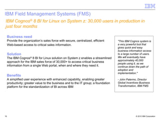 IBM Field Management Systems (FMS)
IBM Cognos® 8 BI for Linux on System z: 30,000 users in production in
just four months

     Business need
     Provide the organization’s sales force with secure, centralized, efficient      "This IBM Cognos system is
     Web-based access to critical sales information.                                 a very powerful tool that
                                                                                     gives quick and easy
                                                                                     business information access
     Solution                                                                        to a large number of users.
     The IBM Cognos® 8 BI for Linux solution on System z enables a streamlined       We will eventually have
                                                                                     approximately 40,000
     approach for the IBM sales force of 30,000+ to access critical business
                                                                                     people using it, as we
     information from a single Web portal, when and where they need it.              continue down the path of
                                                                                     adoption and
                                                                                     implementation."
     Benefits
     A simplified user experience with enhanced capability, enabling greater         - John Palermo, Director
     productivity; greater value to the business and to the IT group; a foundation   Global Incentives Business
     platform for the standardization of BI across IBM                               Transformation, IBM FMS




16                                                                                                 © 2010 IBM Corporation
 