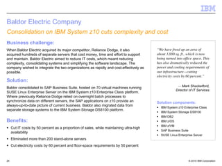 Baldor Electric Company
Consolidation on IBM System z10 cuts complexity and cost
Business challenge:
When Baldor Electric acquired its major competitor, Reliance Dodge, it also              “We have freed up an area of
acquired hundreds of separate servers that cost money, time and effort to support        about 3,000 sq. ft., which is now
and maintain. Baldor Electric aimed to reduce IT costs, which meant reducing             being turned into office space. This
complexity, consolidating systems and simplifying the software landscape. The            has also dramatically reduced the
company wished to integrate the two organizations as rapidly and cost-effectively as     power and cooling requirements of
possible.                                                                                our infrastructure—cutting
                                                                                         electricity costs by 60 percent.”
Solution:
                                                                                                      — Mark Shackelford,
Baldor consolidated to SAP Business Suite, hosted on 70 virtual machines running
                                                                                                     Director of IT Services
SUSE Linux Enterprise Server on the IBM System z10 Enterprise Class platform.
Where previously Reliance Dodge relied on overnight batch processes to
synchronize data on different servers, the SAP applications on z10 provide an            Solution components:
always-up-to-date picture of current business. Baldor also migrated data from
                                                                                           IBM System z10 Enterprise Class
separate storage systems to the IBM System Storage DS8100 platform.
                                                                                           IBM System Storage DS8100
                                                                                           IBM DB2
Benefits:                                                                                  IBM z/OS
                                                                                           IBM z/VM
     Cut IT costs by 50 percent as a proportion of sales, while maintaining ultra-high
                                                                                           SAP Business Suite
     availability
                                                                                           SUSE Linux Enterprise Server
     Eliminated more than 200 stand-alone servers
     Cut electricity costs by 60 percent and floor-space requirements by 50 percent



24                                                                                                            © 2010 IBM Corporation
 