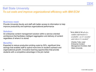 Ball State University
To cut costs and improve organizational efficiency with IBM ECM


Business need:
Provide University faculty and staff with better access to information to help
improve productivity and optimize organizational performance

Solution:                                                                        "With IBM ECM all of a
An enterprise content management solution within a service oriented               sudden information is
architecture that facilitates intelligent aggregation and delivery of content     available—as it’s needed
regardless of where it is stored                                                  and where it’s needed."
                                                                                  Charles Tuite, Lead
Benefits:                                                                         Enterprise Content
Expected to reduce production printing costs by 50%; significant time             Management Architect, Ball
savings that enables staff to spend more time on student outreach and             State University
organizational growth; innovative learning opportunities that provide
students with a competitive advantage in the job market




30                                                                                             © 2010 IBM Corporation
 