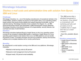 Winnebago Industries
Slashes e-mail costs and administration time with solution from Bynari,
IBM and Linux
Challenge:                                                                                     "The IBM partnership is
Winnebago Industries, Inc., one of the leading manufacturers of recreational vehicles in the
                                                                                               absolutely paramount to
United States, wanted to replace its previous e-mail system with a Linux operating system-     our business. It has helped
based solution that would provide stability and support essential functionality, such as       us tremendously with
calendar-sharing. Winnebago Industries chose a solution from Bynari, Inc., an IBM              marketing and sales and
Advanced Business Partner that participates in IBM Partnerworld® Industry Networks.            provided a level of
Winnebago Industries chose Bynari because of its dependability, security features, low         credibility that we simply
overhead and ease of administration.
                                                                                               don't have as a small
Solution:                                                                                      company."
Winnebago Industries deployed Bynari’s Insight Server on the Linux operating system
running on the company’s existing IBM System z mainframe. Insight Server is a Linux            - Hyun Kim, president, Bynari,
operating system-based e-mail solution that runs on all IBM platforms and can handle           Inc.
thousands of users. It includes anti-spam and anti-virus protection, backup and recovery
software and a complete statistics tool to monitor performance.                                Solution components:
                                                                                                 Insight Server Enterprise
                                                                                                 Edition 4.2
Benefits:                                                                                        IBM System z9 Business
By using Bynari’s e-mail solution running on the IBM and Linux platforms, Winnebago              Class
Industries:                                                                                      IBM SUSE Linux
                                                                                                 Enterprise
      Slashed e-mail serving costs by 80 percent                                                 Server 10 operating
      Reduced e-mail management time by 50 percent                                               system
      Enjoyed nearly 100 percent email availability


34                                                                                                           © 2010 IBM Corporation
 