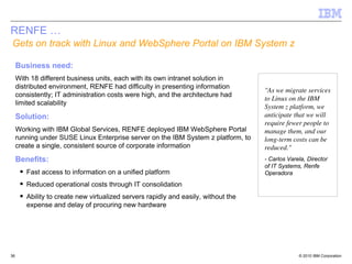 RENFE …
Gets on track with Linux and WebSphere Portal on IBM System z

     Business need:
     With 18 different business units, each with its own intranet solution in
     distributed environment, RENFE had difficulty in presenting information
                                                                                    "As we migrate services
     consistently; IT administration costs were high, and the architecture had
                                                                                    to Linux on the IBM
     limited scalability
                                                                                    System z platform, we
     Solution:                                                                      anticipate that we will
                                                                                    require fewer people to
     Working with IBM Global Services, RENFE deployed IBM WebSphere Portal          manage them, and our
     running under SUSE Linux Enterprise server on the IBM System z platform, to    long-term costs can be
     create a single, consistent source of corporate information                    reduced."
     Benefits:                                                                      - Carlos Varela, Director
                                                                                    of IT Systems, Renfe
        Fast access to information on a unified platform                            Operadora
        Reduced operational costs through IT consolidation
        Ability to create new virtualized servers rapidly and easily, without the
        expense and delay of procuring new hardware




36                                                                                               © 2010 IBM Corporation
 