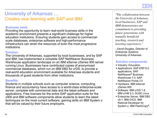University of Arkansas …                                                   "The collaboration between
Creates new learning with SAP and IBM                                      the University of Arkansas,
                                                                           local businesses, SAP and
                                                                           IBM demonstrates our
Business need:
Providing the opportunity to learn real-world business skills in the       commitment to providing
academic environment presents a significant challenge for higher           future generations with
education institutions. Ensuring students gain access to commercial-       mutually beneficial
scale databases, enterprise software and high-performance                  teaching, research and
infrastructure can strain the resources of even the most progressive       learning experiences."
institutions.                                                              - David Douglas, Director of
Solution:                                                                  Enterprise Systems,
The University of Arkansas, supported by local businesses, and by SAP      University of Arkansas
and IBM, has implemented a complete SAP NetWeaver Business
Warehouse application landscape on an IBM eServer zSeries 900 server       Solution components:
running Linux. Businesses have contributed copies of anonymized              Industry: Education
commercial databases, which run on IBM DB2 for z/OS, to provide a            Applications: SAP ERP 6.0
real-world education environment available for Arkansas students and         applications, SAP
thousands of guest students from other institutions.                         NetWeaver® Business
                                                                             Warehouse 7.0, SAP
Benefits:                                                                    NetWeaver Portal 3.5
Students in multiple schools such as computer science, computing,            Hardware: IBM eServer
finance and accountancy have access to a world-class enterprise-scale        zSeries 900
server, complete with commercial data and the latest software and            Software: IBM z/OS 1.8,
applications. Free licenses for the entire SAP application suite for the     IBM z/VM 5.3, SUSE Linux
z900 and IBM software components allow students to learn the latest          Enterprise Server, IBM DB2
techniques on the most current software, gaining skills on IBM System z      v9.1, IBM CICS, IBM
that will be valued by their future employers.                               Rational Developer for
                                                                             System z, IBM FlashCopy®.


38                                                                                        © 2010 IBM Corporation
 