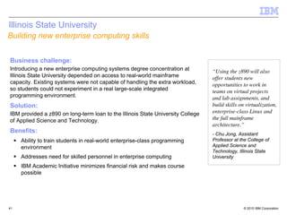 Illinois State University
Building new enterprise computing skills


Business challenge:
Introducing a new enterprise computing systems degree concentration at           “Using the z890 will also
Illinois State University depended on access to real-world mainframe             offer students new
capacity. Existing systems were not capable of handling the extra workload,      opportunities to work in
so students could not experiment in a real large-scale integrated                teams on virtual projects
programming environment.                                                         and lab assignments, and
Solution:                                                                        build skills on virtualization,
IBM provided a z890 on long-term loan to the Illinois State University College   enterprise-class Linux and
of Applied Science and Technology.                                               the full mainframe
                                                                                 architecture.”
Benefits:                                                                        - Chu Jong, Assistant
     Ability to train students in real-world enterprise-class programming        Professor at the College of
     environment                                                                 Applied Science and
                                                                                 Technology, Illinois State
     Addresses need for skilled personnel in enterprise computing                University
     IBM Academic Initiative minimizes financial risk and makes course
     possible




41                                                                                              © 2010 IBM Corporation
 
