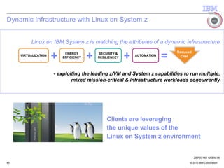 Dynamic Infrastructure with Linux on System z


          Linux on IBM System z is matching the attributes of a dynamic infrastructure
                                                                              Reduced
     VIRTUALIZATION
                      +    ENERGY
                          EFFICIENCY   +   SECURITY &
                                           RESILIENECY   +   AUTOMATION
                                                                          =     Cost




                      - exploiting the leading z/VM and System z capabilities to run multiple,
                              mixed mission-critical & infrastructure workloads concurrently




                                               Clients are leveraging
                                               the unique values of the
                                               Linux on System z environment


                                                                                        ZSP03160-USEN-06
45                                                                                  © 2010 IBM Corporation
 