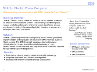 Shikoku Electric Power Company
Strengthening communications with IBM Lotus Notes® and Domino®

Business challenge:
Shikoku Electric, one of 10 electric utilities in Japan, needed to expand   “Lotus Notes/Domino has
its internal communications system. The company hoped to improve            deeply penetrated the entire
service levels to customers by improving knowledge sharing among            company, and is now
employees, including information about daily business processes and         indispensable for daily
emergency recovery procedures.                                              business.”
                                                                                — Shinji Nakauchi, System
Solution:                                                                        Promotion Group Leader,
                                                                                   Shikoku Electric Power
Shikoku Electric expanded its existing Lotus Notes/Domino groupware
                                                                                                Company
implementation and deployed it on redundant IBM System z9 Business
Class servers. The IBM System z9 uses open-source Linux and
virtualization technology to enable multiple instances of Lotus              Solution components:
Notes/Domino on one machine, reducing the number of servers required           IBM System z9 Business
to support the expanded capabilities.                                          Class server (z9 BC)

    Benefits:                                                                  IBM Lotus Notes

     Extends the value of existing investments in IBM technology               IBM Lotus Domino
     Simplifies operations and systems management
     Enables cost-efficient scalability through virtualization




5                                                                                            © 2010 IBM Corporation
 