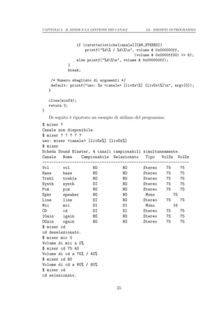 CAPITOLO 2. IL MIXER E LA GESTIONE DEI CANALI         2.6. ESEMPIO DI PROGRAMMA




                   if (caratteristiche[canale][CAN_STEREO])
                       printf("%d% / %d%n", volume & 0x000000ff,
                                              (volume & 0x0000ff00) >> 8);
                   else printf("%d%n", volume & 0x000000ff);
               }
               break;

        /* Numero sbagliato di argomenti */
        default: printf("uso: %s <canale> [livSx%] [livDx%]n", argv[0]);
    }

    close(mixfd);
    return 0;
}
    Di seguito ` riportato un esempio di utilizzo del programma:
               e
$ mixer ?
Canale non disponibile.
$ mixer ? ? ? ? ?
uso: mixer <canale> [livSx%] [livDx%]
$ mixer
Scheda Sound Blaster, 4 canali campionabili simultaneamente.
Canale   Nome     Campionabile Selezionato   Tipo   VolSx VolDx
----------------------------------------------------------------
Vol      vol           NO          NO       Stereo    75     75
Bass     bass          NO          NO       Stereo    75     75
Trebl    treble        NO          NO       Stereo    75     75
Synth    synth         SI          NO       Stereo    75     75
Pcm      pcm           NO          NO       Stereo    75     75
Spkr     speaker       NO          NO        Mono        75
Line     line          SI          NO       Stereo    75     75
Mic      mic           SI          SI        Mono        16
CD       cd            SI          SI       Stereo    75     75
IGain    igain         NO          NO       Stereo    75     75
OGain    ogain         NO          NO       Stereo    75     75
$ mixer cd
cd deselezionato.
$ mixer mic 0
Volume di mic a 0%
$ mixer cd 75 40
Volume di cd a 75% / 40%
$ mixer cd 80
Volume di cd a 80% / 80%
$ mixer cd
cd selezionato.

                                       35
 