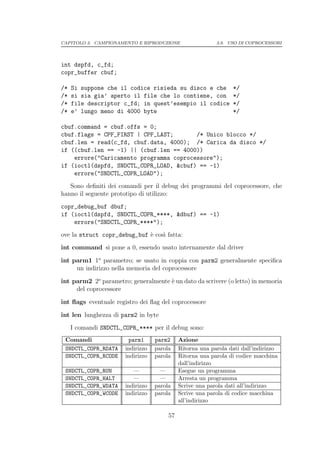 CAPITOLO 3. CAMPIONAMENTO E RIPRODUZIONE                   3.9. USO DI COPROCESSORI




int dspfd, c_fd;
copr_buffer cbuf;

/*   Si suppone che il codice risieda su disco e che             */
/*   si sia gia’ aperto il file che lo contiene, con             */
/*   file descriptor c_fd; in quest’esempio il codice            */
/*   e’ lungo meno di 4000 byte                                  */

cbuf.command = cbuf.offs = 0;
cbuf.flags = CPF_FIRST | CPF_LAST;       /* Unico blocco */
cbuf.len = read(c_fd, cbuf.data, 4000); /* Carica da disco */
if ((cbuf.len == -1) || (cbuf.len == 4000))
    errore("Caricamento programma coprocessore");
if (ioctl(dspfd, SNDCTL_COPR_LOAD, &cbuf) == -1)
    errore("SNDCTL_COPR_LOAD");
   Sono deﬁniti dei comandi per il debug dei programmi del coprocessore, che
hanno il seguente prototipo di utilizzo:
copr_debug_buf dbuf;
if (ioctl(dspfd, SNDCTL_COPR_****, &dbuf) == -1)
    errore("SNDCTL_COPR_****");
ove la struct copr_debug_buf ` cos` fatta:
                             e    ı
int command si pone a 0, essendo usato internamente dal driver

int parm1 1o parametro; se usato in coppia con parm2 generalmente speciﬁca
     un indirizzo nella memoria del coprocessore

int parm2 2o parametro; generalmente ` un dato da scrivere (o letto) in memoria
                                     e
     del coprocessore

int ﬂags eventuale registro dei ﬂag del coprocessore

int len lunghezza di parm2 in byte
     I comandi SNDCTL_COPR_**** per il debug sono:
 Comandi                parm1      parm2     Azione
 SNDCTL_COPR_RDATA     indirizzo   parola    Ritorna una parola dati dall’indirizzo
 SNDCTL_COPR_RCODE     indirizzo   parola    Ritorna una parola di codice macchina
                                             dall’indirizzo
 SNDCTL_COPR_RUN          —          —       Esegue un programma
 SNDCTL_COPR_HALT         —          —       Arresta un programma
 SNDCTL_COPR_WDATA     indirizzo   parola    Scrive una parola dati all’indirizzo
 SNDCTL_COPR_WCODE     indirizzo   parola    Scrive una parola di codice macchina
                                             all’indirizzo

                                        57
 