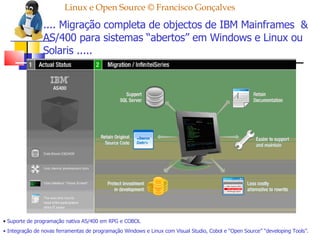 Linux e Open Source © Francisco Gonçalves .... Migração completa de objectos de IBM Mainframes  & AS/400 para sistemas “abertos” em Windows e Linux ou Solaris ..... Suporte de programação nativa AS/400 em RPG e COBOL Integração de novas ferramentas de programação Windows e Linux com Visual Studio, Cobol e “Open Source” “developing Tools”. 