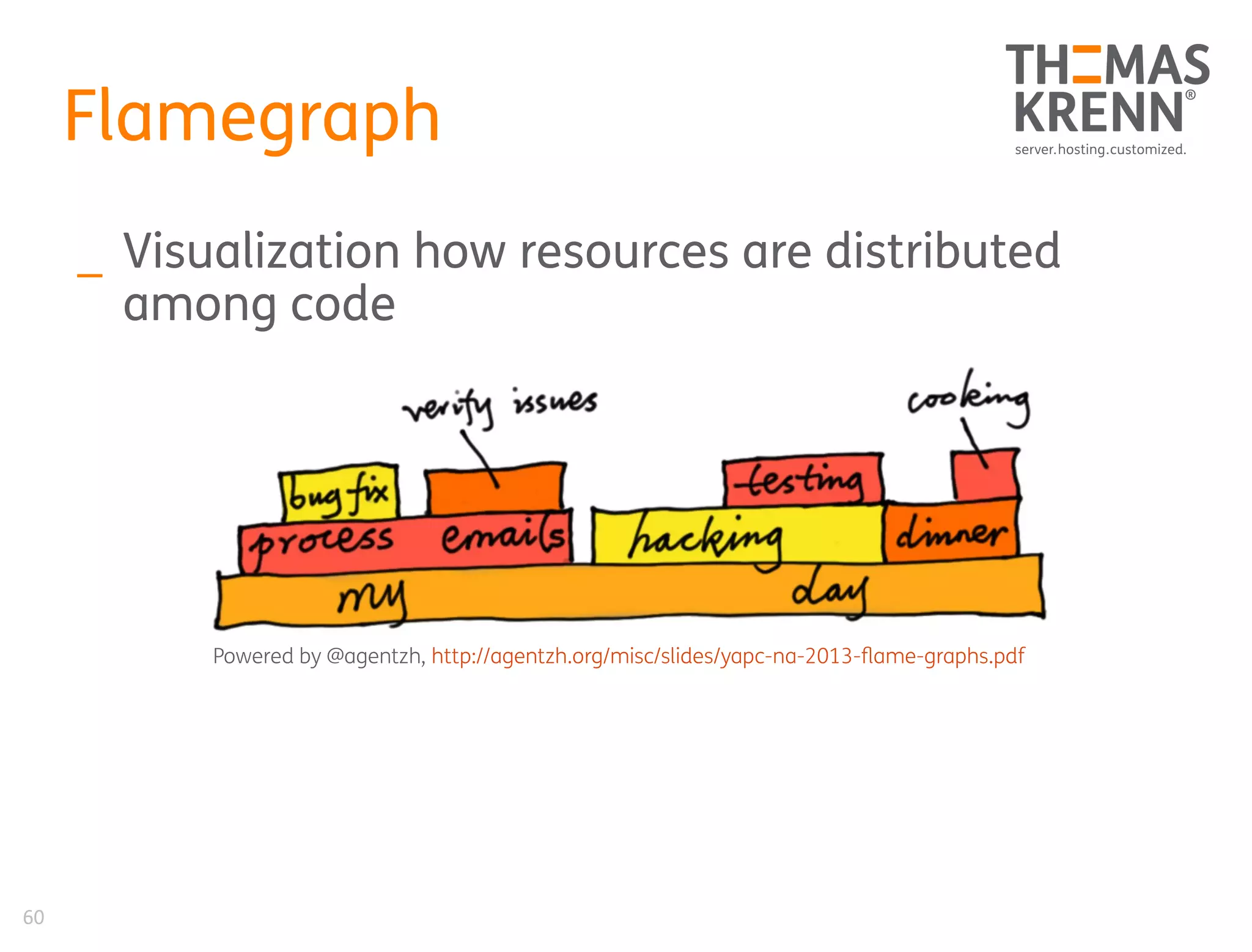 60
Flamegraph
_ Visualization how resources are distributed
among code
Powered by @agentzh, http://agentzh.org/misc/slides/yapc-na-2013-flame-graphs.pdf
 