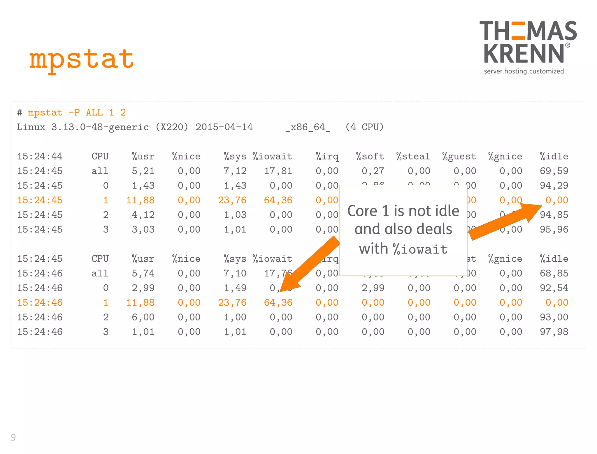 9
mpstat
# mpstat -P ALL 1 2
Linux 3.13.0-48-generic (X220) 2015-04-14 _x86_64_ (4 CPU)
15:24:44 CPU %usr %nice %sys %iowait %irq %soft %steal %guest %gnice %idle
15:24:45 all 5,21 0,00 7,12 17,81 0,00 0,27 0,00 0,00 0,00 69,59
15:24:45 0 1,43 0,00 1,43 0,00 0,00 2,86 0,00 0,00 0,00 94,29
15:24:45 1 11,88 0,00 23,76 64,36 0,00 0,00 0,00 0,00 0,00 0,00
15:24:45 2 4,12 0,00 1,03 0,00 0,00 0,00 0,00 0,00 0,00 94,85
15:24:45 3 3,03 0,00 1,01 0,00 0,00 0,00 0,00 0,00 0,00 95,96
15:24:45 CPU %usr %nice %sys %iowait %irq %soft %steal %guest %gnice %idle
15:24:46 all 5,74 0,00 7,10 17,76 0,00 0,55 0,00 0,00 0,00 68,85
15:24:46 0 2,99 0,00 1,49 0,00 0,00 2,99 0,00 0,00 0,00 92,54
15:24:46 1 11,88 0,00 23,76 64,36 0,00 0,00 0,00 0,00 0,00 0,00
15:24:46 2 6,00 0,00 1,00 0,00 0,00 0,00 0,00 0,00 0,00 93,00
15:24:46 3 1,01 0,00 1,01 0,00 0,00 0,00 0,00 0,00 0,00 97,98
Core 1 is not idle
and also deals
with %iowait
 