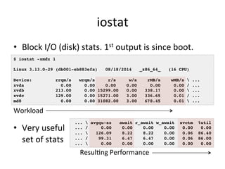 iostat 
• Block 
I/O 
(disk) 
stats. 
1st 
output 
is 
since 
boot. 
$ iostat -xmdz 1! 
! 
Linux 3.13.0-29 (db001-eb883efa...