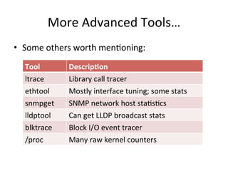 More 
Advanced 
Tools… 
• Some 
others 
worth 
menVoning: 
Tool 
Descrip.on 
ltrace 
Library 
call 
tracer 
ethtool 
Mostly 
interface 
tuning; 
some 
stats 
snmpget 
SNMP 
network 
host 
staVsVcs 
lldptool 
Can 
get 
LLDP 
broadcast 
stats 
blktrace 
Block 
I/O 
event 
tracer 
/proc 
Many 
raw 
kernel 
counters 
 