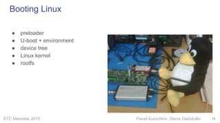 STC Metrotek 2015 Pavel Kurochkin, Denis Gabidullin
Booting Linux
● preloader
● U-boot + environment
● device tree
● Linux kernel
● rootfs
15
 