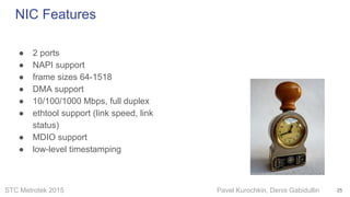 STC Metrotek 2015 Pavel Kurochkin, Denis Gabidullin
NIC Features
● 2 ports
● NAPI support
● frame sizes 64-1518
● DMA support
● 10/100/1000 Mbps, full duplex
● ethtool support (link speed, link
status)
● MDIO support
● low-level timestamping
25
 