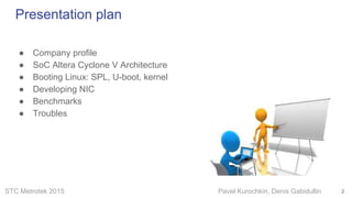 STC Metrotek 2015 Pavel Kurochkin, Denis Gabidullin
Presentation plan
● Company profile
● SoC Altera Cyclone V Architectur...