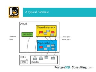 A typical database
DRAM
Disks
Shared memory
Database
Linux
Page cache
User space
Kernel space
WAL buffer
WAL Datafile
 