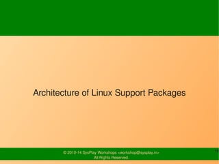 Architecture of Linux Support Packages 
© 2010-14 SysPlay Workshops <workshop@sysplay.in> 16 
All Rights Reserved. 
 