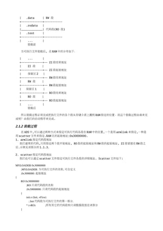 |   .data     | RW 段
  +-------------+-----------
  |   .rodata   |
  |_____________| 代码段(RO 段)
  |   .text     |
  +-------------+-----------
  |    ...      |
       装载前

   当可执行文件装载后, 在 RAM 中的分布如下：

  |    ...      |
  +-------------+--   ZI 段结束地址
  |    ZI 段     |
  +-------------+--   ZI 段起始地址
  |    保留区 2     |
  +-------------+--   RW 段结束地址
  |    RW 段     |
  +-------------+--   RW 段起始地址
  |   保留区 1      |
  +-------------+--   RO 段结束地址
  |    RO 段     |
  +-------------+--   RO 段起始地址
  |    ...      |
       装载后

  所以装载过程必须完成把执行文件的各个段从存储介质上搬到 RAM 指定的位置。而这个装载过程由谁来完
成呢？由我们的启动程序来完成.

2.1.2 装载过程
   在 ADS 中,可以通过两种方式来指定可执行代码各段在 RAM 中的位置,一个是用 armlink 来指定,一种是
用 scatter 文件来指定.RAM 区的起始地址:0x30000000.
1. armlink 指定代码段地址
  我们通常的代码,只用指定两个段开始地址, RO 段的起始地址和 RW 段的起始地址, ZI 段紧接在 RW 段之
后.示例见该部分的 1.1.3.

2. scatter 指定代码段地址
  我们也可以通过 scatter 文件指定可执行文件各段的详细地址. Scatter 文件如下:

MYLOADER 0x30000000
   ;MYLOADER: 为可执行文件的名称, 可自定义
   ;0x3000000: 起始地址
{
   RO 0x30000000
        ;RO 只读代码段的名称
        ;0x30000000: 只读代码段的起始地址
   {
        init.o (Init, +First)
            ; Init 代码段为可执行文件的第一部分.
        * (+RO)              ;所有其它的代码段和只读数据段放在该部分
   }
 
