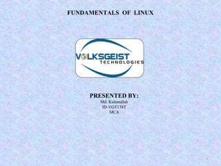 FUNDAMENTALS OF LINUX




     PRESENTED BY:
        Md. Kalimullah
        ID-VGT138T
            MCA




                         1
 