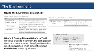 The Environment
How Is The Environment Established?
What's A Startup File And What’s In That?
When we log on to the system, the bash program
starts, and reads a series of configuration scripts
called startup files, which define the default
environment shared by all users.
If the file "~/.bashrc" exists,
then
read the "~/.bashrc" file.
 
