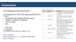 Command
[command] [argument1] [argument2]…
Command에 따라 사용가능한 argument의 형식 등이
다르다
• command의 동작 방법을 명시하는 option
• 파일이나 디렉토리의 이름/경로
• 임의의 문자열
• Etc…
- : 단축 옵션
-- : long 옵션
여러 옵션을 한 명령어에 연이어 사용할 수 있다
$ls -a -l wheel
ls는 command이고 -a, -l, wheel은 arguments
$ls -lt --reverse
 