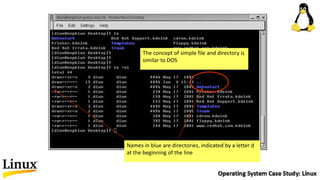 Names in blue are directories, indicated by a letter d
at the beginning of the line
The concept of simple file and directory is
similar to DOS
 