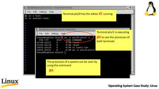 The processes of a system can be seen by
using the command
ps
Terminal pts/0 has the editor vi running
Terminal pts/1 is executing
psto see the processes of
both terminals
 