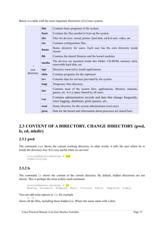 Below is a table with the most important directories of a Linux system:

                   /bin      Contains basic programs of the system.
                   /boot     Contains the files needed to boot up the system.
                   /dev      Files for devices: sound, printer, hard disk, cd/dvd unit, video, etc.
                   /etc      Contains configuration files.
                             Home directory for users. Each user has his own directory inside
                   /home
                             /home/.
                   /lib      Contains the shared libraries and the kernel modules
                             The devices are mounted inside this folder: CD-ROM, memory stick,
                   /media
                             removable hard disk, etc
            /
          root     /opt      Directory reserved to install applications.
       directory   /sbin     Contains programs for the superuser.
                   /srv      Contains data for services provided by the system.
                   /tmp      Temporary files directory.
                             Contains most of the system files, applications, libraries, manuals,
                   /usr
                             games, etc. It is a space shared by all users.
                             Contains administrative records and data that change frequently:
                   /var
                             error logging, databases, print queues, etc..
                   /root     Home directory for the system administrator (root user).
                   /proc     Data for the kernel and information about processes are stored here.




2.3 CONTENT OF A DIRECTORY. CHANGE DIRECTORY (pwd,
ls, cd, mkdir)
2.3.1 pwd
The command pwd shows the current working directory, in other words, it tells the user where he is
inside the directory tree. It is very useful when we are lost!

      luisjose@ubuntu-desktop:~$ pwd
      /home/luisjose



2.3.2 ls
The command ls shows the content of the current directory. By default, hidden directories are not
shown. This is perhaps the most widely used command.

      luisjose@ubuntu-desktop:~$ ls
      Desktop Documents Examples Music                 Pictures   Public     Templates     Videos

You can add some options to ls, for example
      ls -a
shows all the files, including those hidden (i.e. Where the name starts with a dot),


  Linux Practical Manual. Luis José Sánchez González                                                  Page 15
 