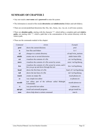 SUMMARY OF CHAPTER 2
 • Any user needs a user name and a password to enter the system.

 • The information is stored in files inside directories and subdirectories (folders and sub-folders).

 • There are several predefined directories like /bin, /dev, /home, /etc, /var, etc. in all Linux systems.

 • There are absolute paths, starting with the character “/”, which define a complete path and relative
  paths, not starting with “/”, which a path that is the concatenation of the current directory with the
  relative path.

 • These are the commands studied in this chapter:

     Command                                   Action                                    Example
        pwd          shows the current directory                                            pwd
         ls          lists files and folders                                                ls -l
         cd          changes to a certain directory                                cd mp3/wim_mertens
       mkdir         creates one or several directories                              mkdir letters bills
         cat         visualizes the contents of a file                              cat /var/log/dmesg
       more          visualizes the contents of a file screen by screen            more /var/log/dmesg
                     visualizes the contents of a file screen by screen, and it
        less                                                                        less /var/log/dmesg
                     lets you go up and down through the text
        head         shows the first lines of a file                              head -n5 /var/log/dmesg
        tail         shows the last lines of a file                                 tail /var/log/dmesg
       touch         creates an empty file                                           touch phones.txt
         ee          very simple text editor                                           ee phones.txt
                     text editor, part of the software called Midnight
      mcedit                                                                         mcedit phones.txt
                     Commander
         vi          very powerful text editor                                         vi phones.txt
      apt-get        install and uninstall programs                                  apt-get install mc
        man          shows help about a certain command                                   man ls




Linux Practical Manual. Luis José Sánchez González                                                   Page 22
 