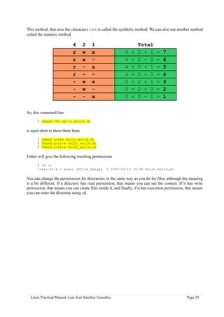 This method, that uses the characters rwx is called the symbolic method. We can also use another method
called the numeric method.

                             4       2   1                           Total
                             r       w   x                   4   +   2 + 1       =   7
                             r       w   -                   4   +   2 + 0       =   6
                             r       -   x                   4   +   0 + 1       =   5
                             r       -   -                   4   +   0 + 0       =   4
                             -       w   x                   0   +   2 + 1       =   3
                             -       w   -                   0   +   2 + 0       =   2
                             -       -   x                   0   +   0 + 1       =   1


So, this command line

      $ chmod 755 hello_world.rb

is equivalent to these three lines

      $ chmod u+rwx hello_world.rb
      $ chmod g+rx-w hello_world.rb
      $ chmod o+rx-w hello_world.rb

Either will give the following resulting permissions

      $ ls -l
      -rwxr-xr-x 1 pedro office_malaga           0 2009-03-19 15:38 hello_world.rb

You can change the permissions for directories in the same way as you do for files, although the meaning
is a bit different. If a directory has read permission, that means you can see the content. If it has write
permission, that means you can create files inside it, and finally, if it has execution permission, that means
you can enter the directory using cd.




  Linux Practical Manual. Luis José Sánchez González                                                Page 39
 