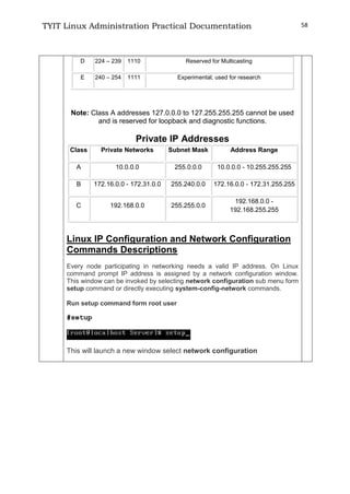 TYIT Linux Administration Practical Documentation 58
D 224 – 239 1110 Reserved for Multicasting
E 240 – 254 1111 Experimental; used for research
Note: Class A addresses 127.0.0.0 to 127.255.255.255 cannot be used
and is reserved for loopback and diagnostic functions.
Private IP Addresses
Class Private Networks Subnet Mask Address Range
A 10.0.0.0 255.0.0.0 10.0.0.0 - 10.255.255.255
B 172.16.0.0 - 172.31.0.0 255.240.0.0 172.16.0.0 - 172.31.255.255
C 192.168.0.0 255.255.0.0
192.168.0.0 -
192.168.255.255
Linux IP Configuration and Network Configuration
Commands Descriptions
Every node participating in networking needs a valid IP address. On Linux
command prompt IP address is assigned by a network configuration window.
This window can be invoked by selecting network configuration sub menu form
setup command or directly executing system-config-network commands.
Run setup command form root user
#setup
This will launch a new window select network configuration
 